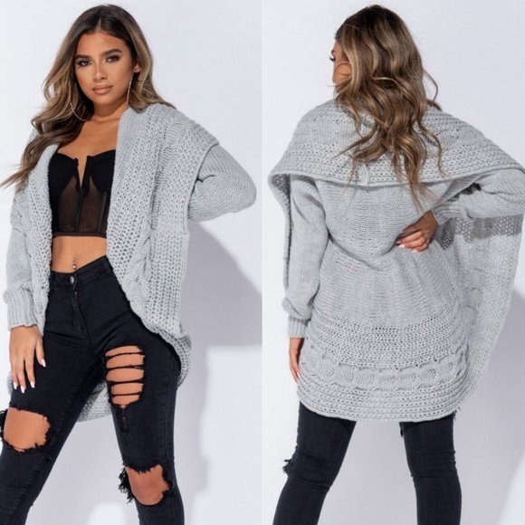 Sweaters - Grey Chunky Cable Knit Long Sleeve Shawl Collar Open Front Midi Cardigan